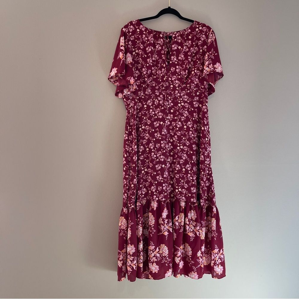 J. Crew Burgundy Drapey Flutter Sleeve Dress Burgandy Blooms Floral Maxi Size 14